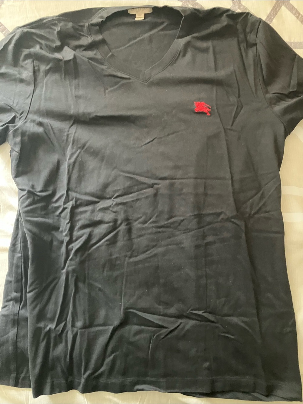 Burberry Men's Black V-Neck Shirt with Red Logo